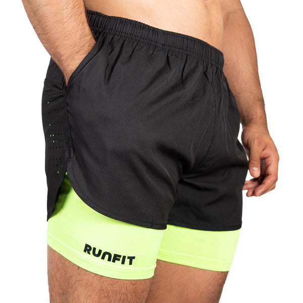 Short RUNNING 2 en 1 RUNFIT - Negro - verde
